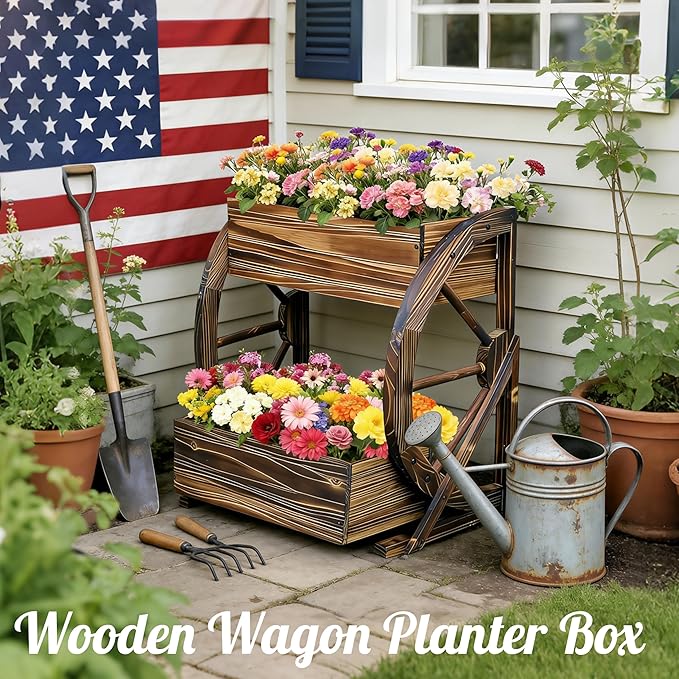 Wooden Wagon Garden Planter Box with Wheels-Indoor/Outdoor Decor for Patio Backyard Balcony-Country Farmhouse Flower Box-2 Tier Rustic Garden Raised Bed for Flowers Herbs Vegetables