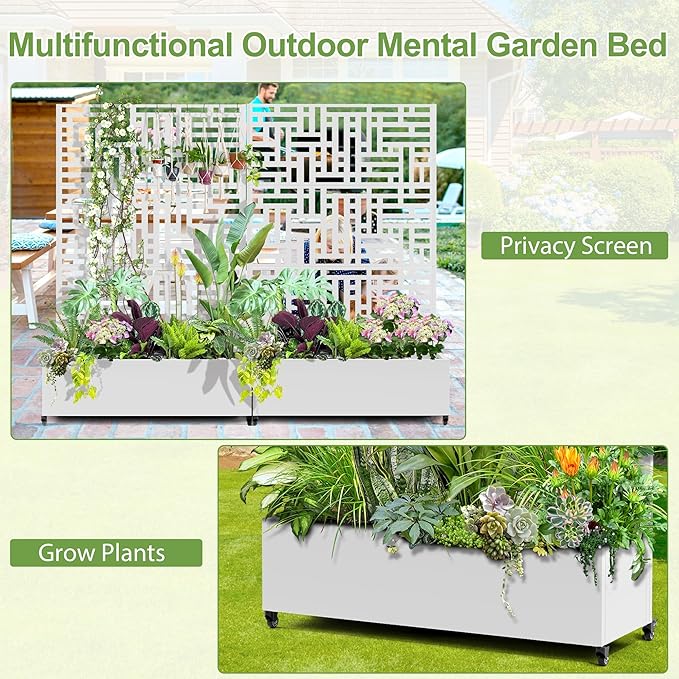 Raised Garden Bed with Trellis and Wheels73x47x16 Metal Raised Garden BedWhite Modern Metal Planter with Climbing Trellis for Vines &amp Vegetables