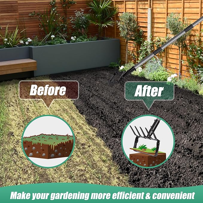 Suchtale 82 Inch Stirrup Hoe and 5-Tines Rake Action Hoe for Weeding 2 in 1 Scuffle Hoe with 37-82 Adjustable Handle Cultivator for Loosening Soil Loop Hoe for Garden Weeding and Planting