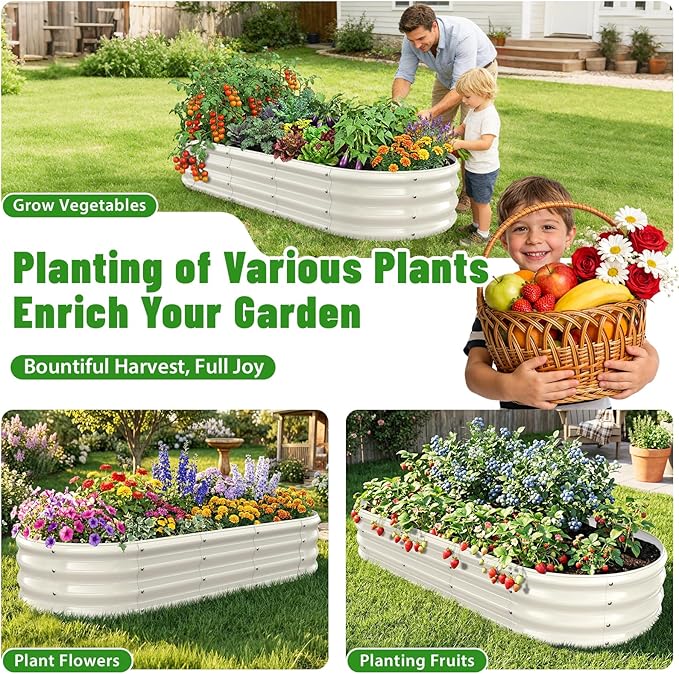 Oval Raised Garden Bed 5 x 2 x 1FT Galvanized Steel Planter Box with Wave-Shaped Metal Panels Painted for Outdoor FlowerTreeHerb &amp Vegetable Garden (White 60X24X12 inches)