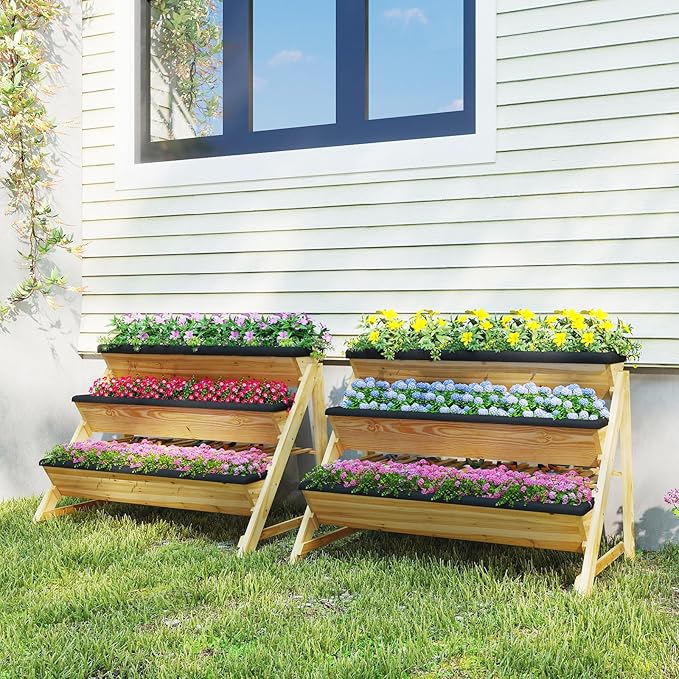 3-Tier Raised Garden Bed Vertical Garden Planter w/Storage Shelf Bed Liner &amp 2 Side Hooks Wood Elevated Planter Box Outdoor for Plants Vegetables Flowers HerbsNatural (46 x 29 x 31.5)