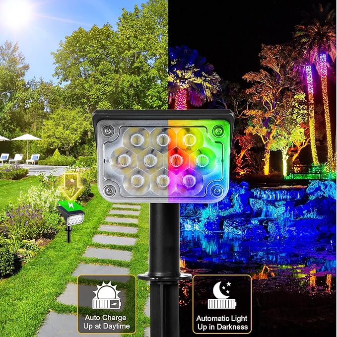 T-SUNUS Blue Solar Spotlights &amp RGB Solar Lights Auto-on/Off Security Landscape Light 180° Angle Adjustable Wall Light for TreePatioYardGardenDrivewayPool Area (4 Pack)