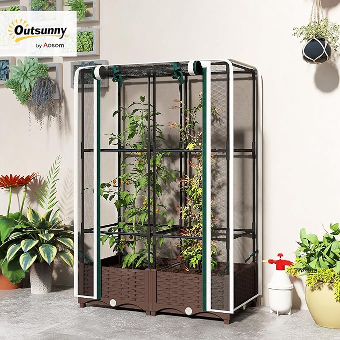 Outsunny Raised Garden Bed with Trellis 46.5 Tomato Cage with Crop Cage Self Watering Planter Box with Drainage Holes and Plugs for Outdoor Patio Climbing Plants Vines Vegetables Flowers White