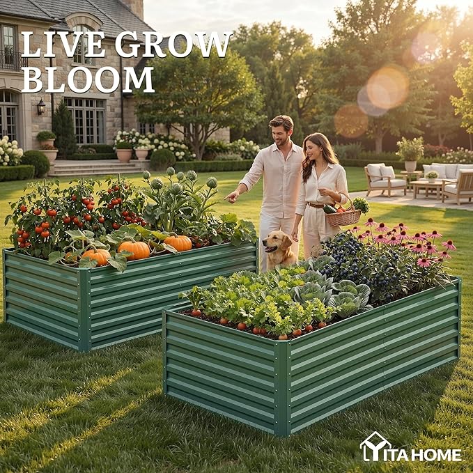YITAHOME 6pcs 6x3x2 ft Galvanized Raised Garden Bed Kit Large Metal Planter Box with Gloves &amp Support Rod Outdoor Flower Bed for Plants Vegetables Green