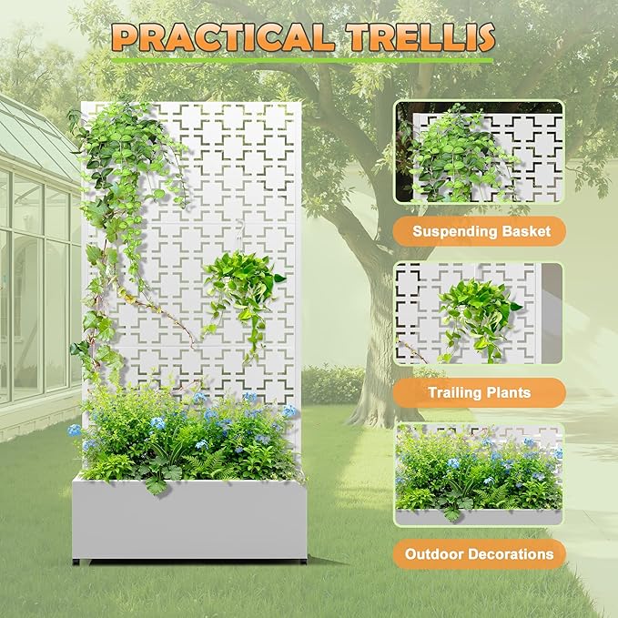 Metal Raised Garden Bed with Trellis 2-in-1 Planter Box &amp Privacy Screen for Climbing Plants Outdoor Standing Flower Bed with Drainage Holes 35.4 L x 15.7 W x 70.1 H White-Square