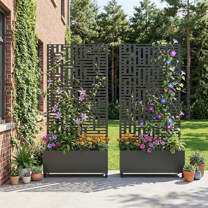 Casaphoria 72x35 Metal Raised Garden Bed with Trellis(2 Pack) Outdoor Planter Box with Wheels &amp Drainage Holes for Climbing Plants Flowers Elevated Garden Kit with Privacy Screen Black-Helen