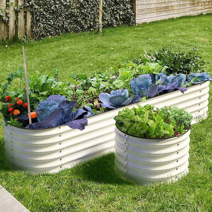 Olle 4-Style Modular Galvanized Raised Garden Beds Outdoor Easy Quick Setup 17 Tall 4-in-1 Metal Planter Boxes Outdoor for Flowers Vegetables Fruits Herbs DIY Gardening Ivory