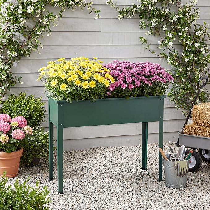 HAPPYGRILL Raised Garden Bed Metal Elevated Planter Box w/Legs Drainage Holes for Growing Vegetables Fruits Flowers Indoor Outdoor Standing Plant Container for Backyard Patio (Green 40”x16”x32”)