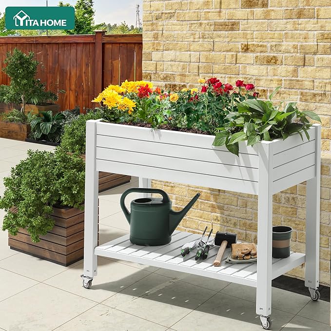 YITAHOME 43.3x17.7x34 in Elevated Garden Bed Outdoor Plastic Planter Box with Wheels Legs Drain Plug and Storage Shelf for Plants Vegetables Flowers Herbs Grayish-White