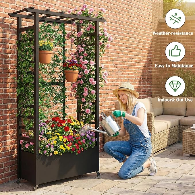 74 Mobile Planter with TrellisWeatherproof Vertical Raise Garden Bed with Trellis &amp Hanging Roof for Climbing PlantsFlowersVegetablesRust-Proof Metal Privacy Planter for Patio (Black-A)