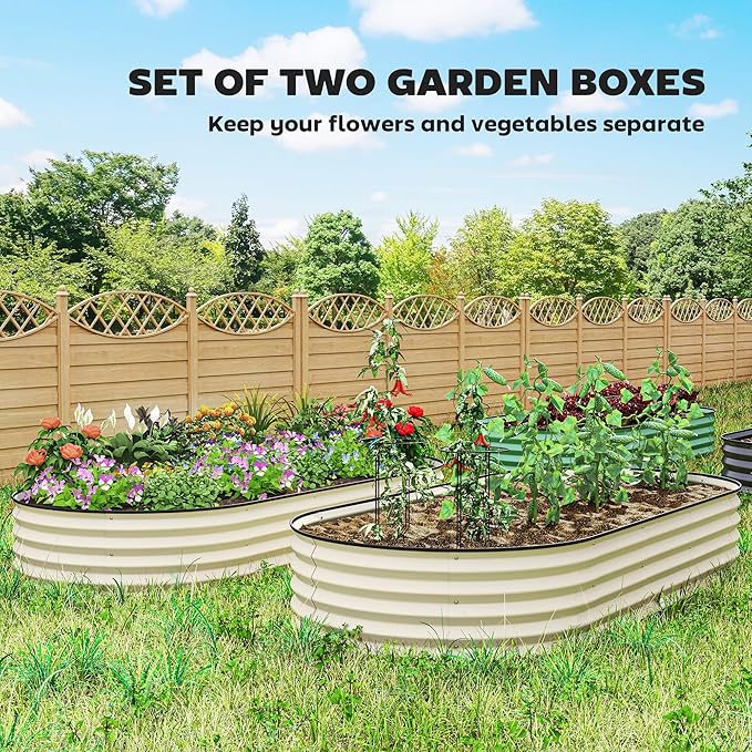 Outsunny 2PCS Galvanized Raised Garden Bed 7' x 3' x 1' Raised Beds for Gardening with Plant Support Stakes Rubber Strap Edging and Gloves Metal Planter Box for Vegetables Flowers Cream White