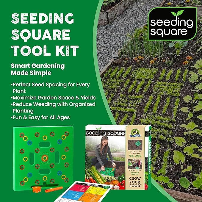 Seeding Square - Patented Seed and Seedling Spacer Tool for Bigger Harvests Organized Plants &amp Fewer Weeds – Color-Coded Gardening Template with Dibber Seed Spoon Ruler &amp Planting Guide