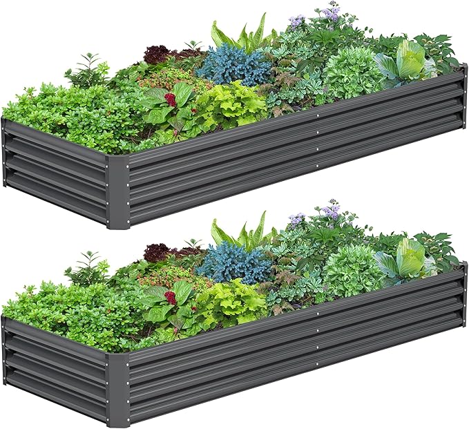 2PCS 8x2x1FT Galvanized Raised Garden Bed Galvanized Planter Raised Garden Boxes Outdoor Large Metal Raised Garden Beds for Vegetables-Grey