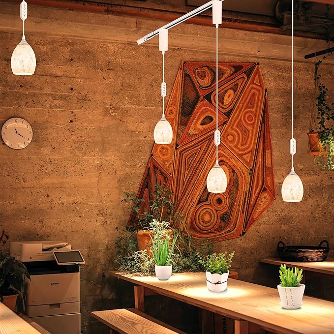 Adjustable Height J-Type Track Light Pendants 24 H Timer 4500K 10W LED Full Spectrum White Marble Oval Bell Glass Hand Blown Cover AUTO Plant Growing Lamp for Kitchen Island Green House