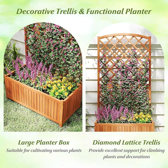 Raised Garden Bed with Trellis 30 x 14 x 10 Inch Large Planter Box Solid Acacia Wood Frame Slat Base 63” Tall Planter for Climbing Plants Flowers Outdoor Patio Balcony Backyard