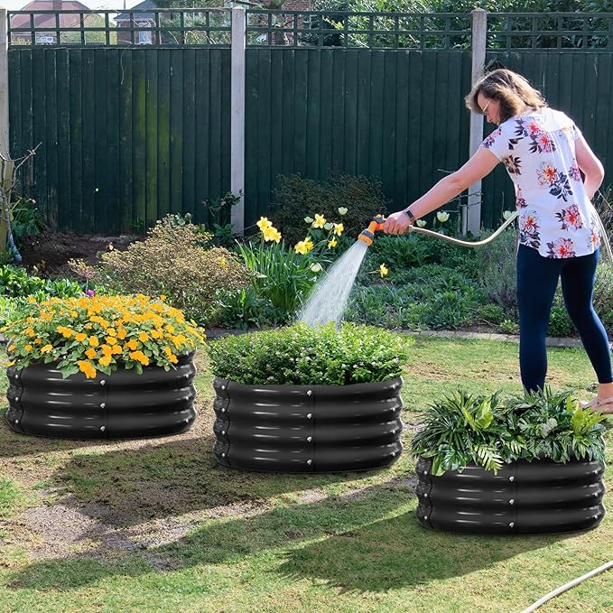 3 Pcs 2x2x1ft Round Galvanized Raised Garden Bed Kit with Tomato Cages Metal Planter Box Outdoor Raised Garden Beds for Gardening Vegetables Flowers Black