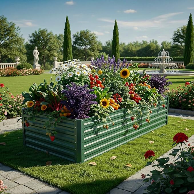 YITAHOME 6pcs 6x3x2 ft Galvanized Raised Garden Bed Kit Large Metal Planter Box with Gloves &amp Support Rod Outdoor Flower Bed for Plants Vegetables Green