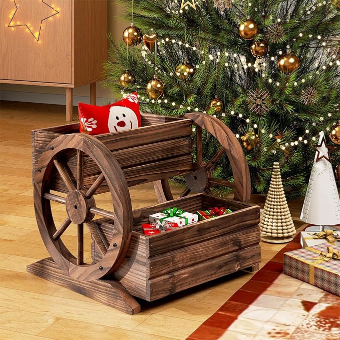 HAPPYGRILL Wood Wagon Planter Box 2-Tier Rustic Raised Garden Bed w/Wheels Drainage Holes for Vegetables Flowers Indoor Outdoor Decorative Planter Container Flower Cart for Patio Balcony (1)