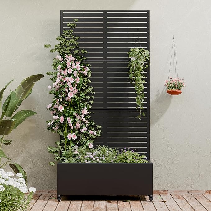 Casaphoria Metal Raised Garden Bed with Trellis and Wheels 72x35x16 Planter Box for Climbing Plants Vegetables &amp Vines Features Drainage Holes and Privacy Screen (Black-Louvered)