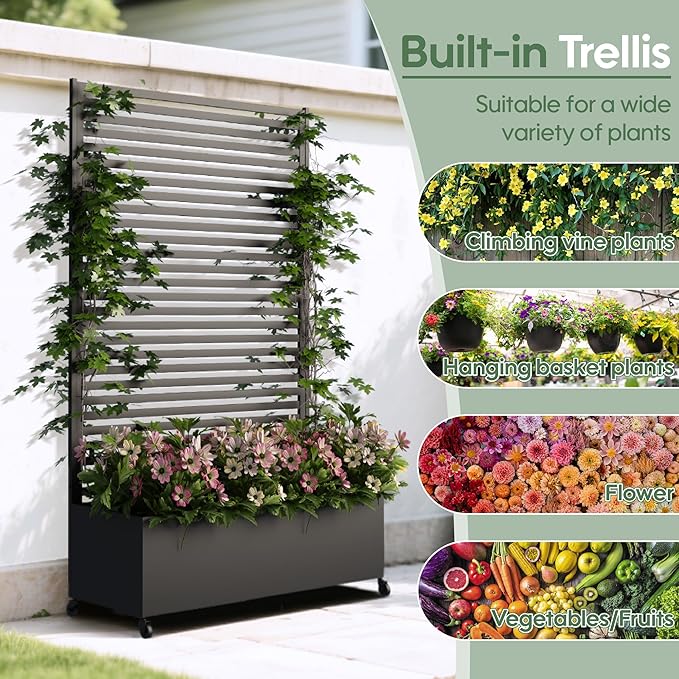 Metal Planter Box with Trellis Privacy Screen Raised Garden Bed with Trellis &amp Wheels Privacy Planters for Patio Planter Box with Drainage Holes for Climbing Plants 73x 47x 16 Black