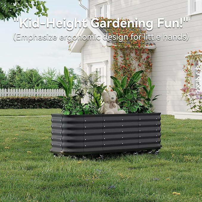 Self-Watering Raised Garden Bed Gray 94x24x20in Metal Planter with Lockable Wheels &amp Water Reservoir