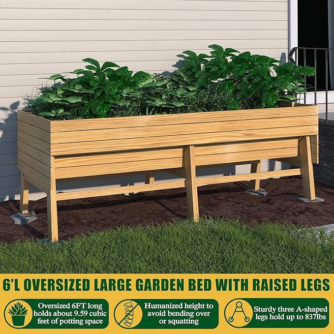 6 x 3 x 2FT Raised Garden Bed with Legs Large Outdoor Elevated Wood Planted Box with Liner for Vegetable Flower Backyard and Patio Natural