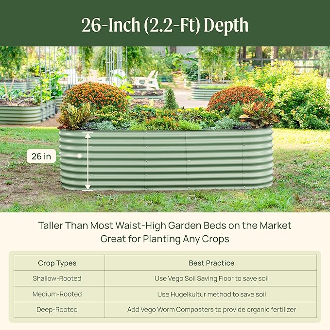 Vego garden 26 Extra Tall Raised Garden Bed Kits 6 in 1 Modular Raised Planter Box for Vegetables Flowers Fruits Oval Metal Raised Garden-Olive Green