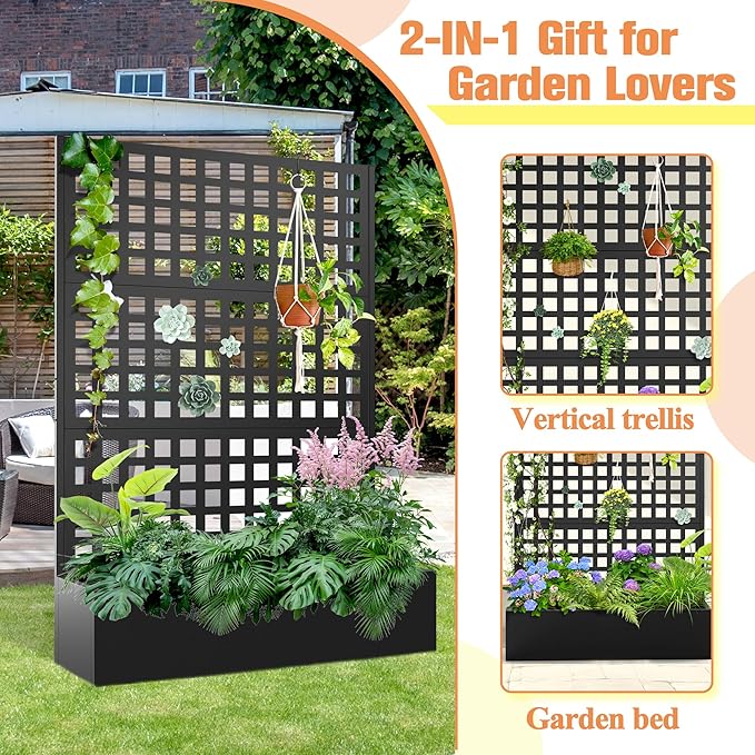 Metal Planter Box with Trellis &amp Wheels Raised Garden Bed with Privacy Screen Outdoor Standing Flower Beds with Drainage Hole for Climbing Plants Vine 47 Lx16 Wx71 H