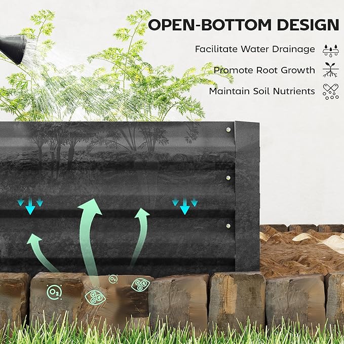 Outsunny Galvanized Raised Garden Bed 8' x 3' x 1' Metal Planter Box for Growing Vegetables Flowers Herbs Succulents Black