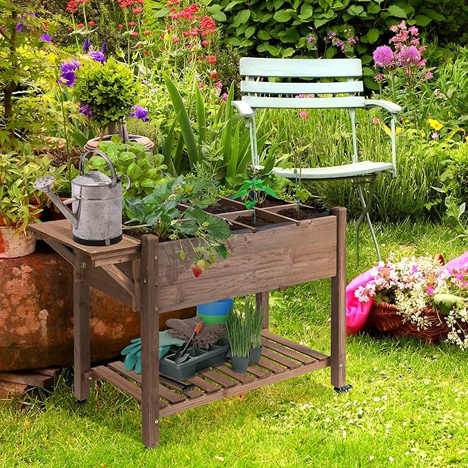 Raised Garden Bed with 8 Grow Grids Wooden Outdoor Planter Box with Wheels &amp Folding Side Table Self-Draining Elevated Plant Box for Vegetables Flowers Herbs 49 x 21 x 34 Brown