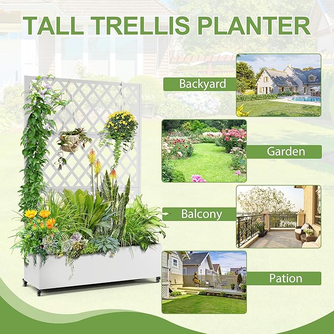 Metal Planter Trellis Box with Wheels &amp Drain Plug Outdoor Raised Garden Bed Patio Privacy Screen with Planter for Climbing Plants Vegetables 73x47x16 White-Diamond