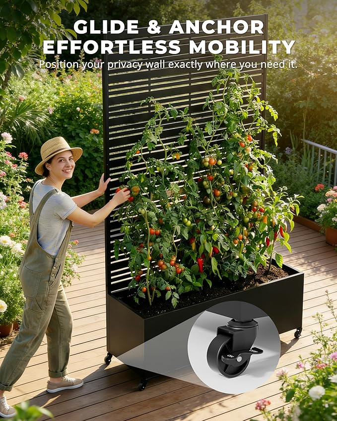 Metal Raised Garden Bed with Trellis 73×47×16 Privacy Screen Planter Box on Wheels — 61 lbs Won't Blow Over Rust-Proof Louvered Design for Climbing Plants Patio Deck Balcony - Black