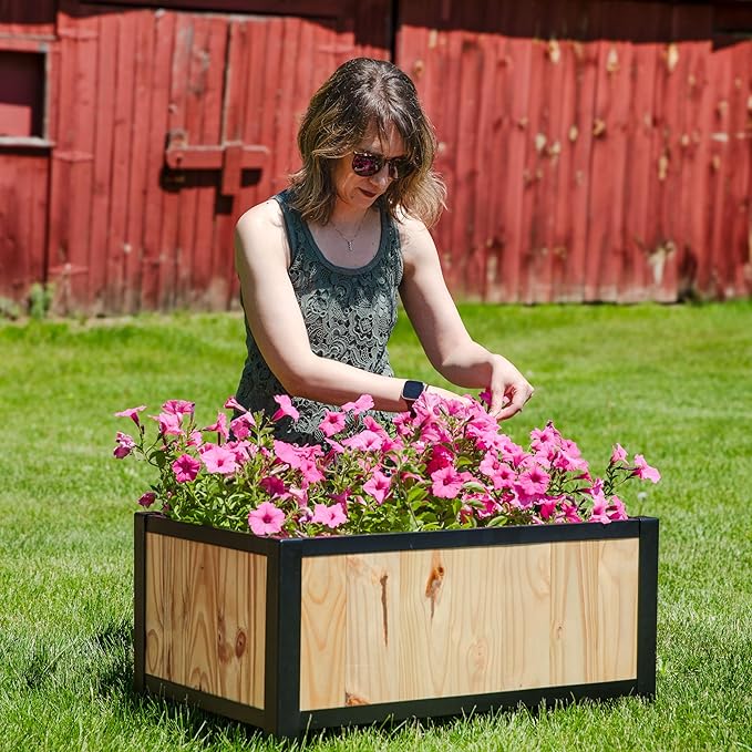 Sunnydaze Steel-Framed Acacia Wood Rectangular Planter Box - 15.5 H Wooden Raised Garden Bed with Removable Planter Bag - Natural