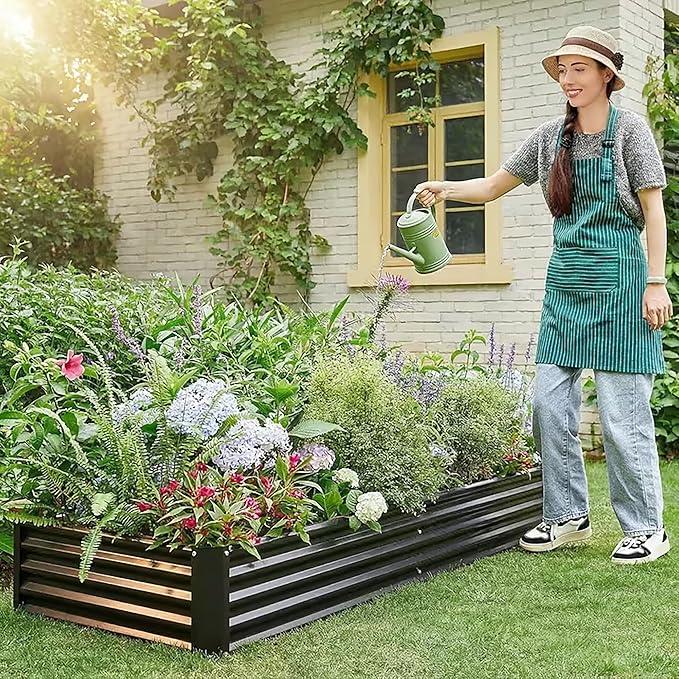 Metal Galvanized Raised Garden Bed Kit 8 x 4 x 1 ft Galvanized Steel Raised Garden Planter Box Outdoor with Open Base for Growing Vegetables/Flowers/Herbs/Fruits/Succulents Rectangle Black