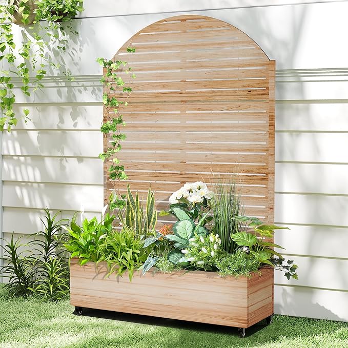 Raised Garden Bed with Arched Trellis and Wheels73x47x16 Metal Raised Garden BedAcacia Finish Metal Planter with Climbing Trellis for Vines &amp Vegetables