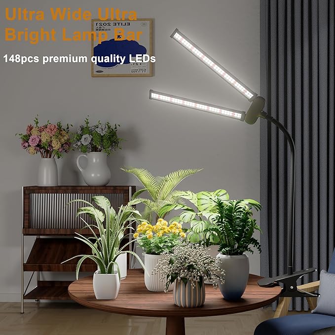Juhefa LED Grow LightSuper Bright 6000K White Full Spectrum Clip Plant Growing Lamp with Rotatable Dual Head for Indoor Desk PlantsDimmable &amp Timer 4/8/12HHigh Power Output for Faster Growth1-