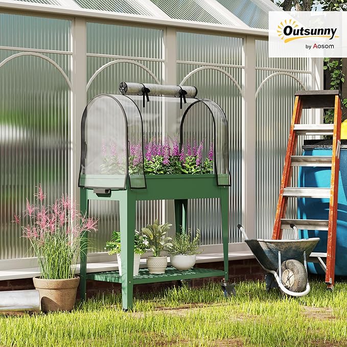 Outsunny Raised Garden Bed with Greenhouse Cover Large Metal Outdoor Elevated Planter Box with Lockable Wheels Storage Shelf and Drainage Hole for Vegetables Flowers Herbs Green