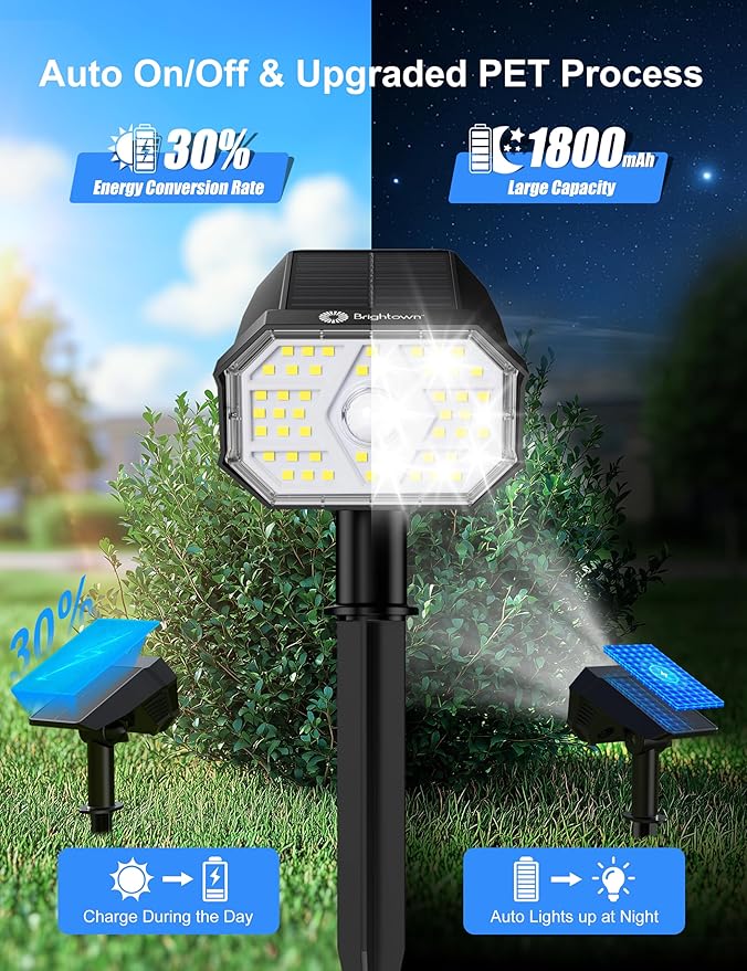 Brightown 6 Pack Solar Motion Lights Outdoor Waterproof Motion Sensor Spot Lights- 58 LED/3 Modes Solar Powered Spotlights 2-in-1 Auto On/Off for Outside Yard Wall Garden Cool White