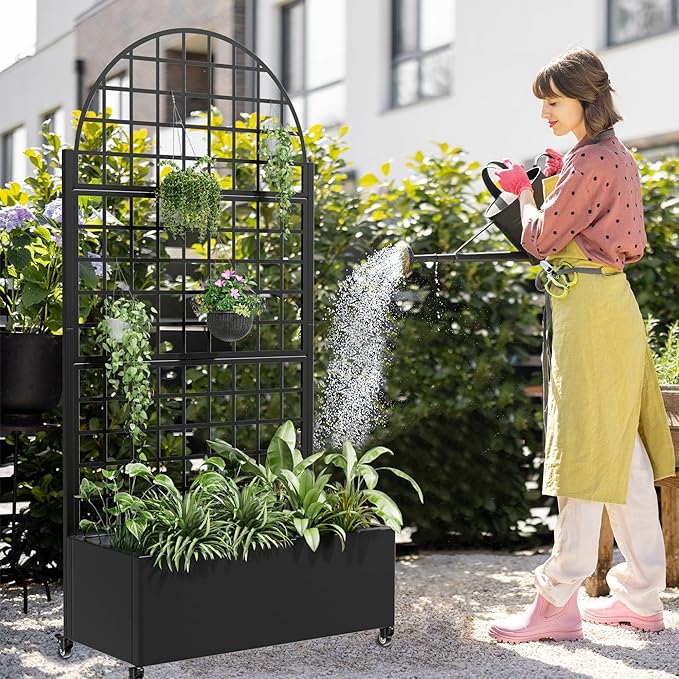 Casaphoria Metal Raised Garden Bed with Trellis and Wheels 72x35x16 Arched Planter Box for Climbing Plants Vegetables &amp Vines Features Drainage Holes and Privacy Screen (Black-Grid)