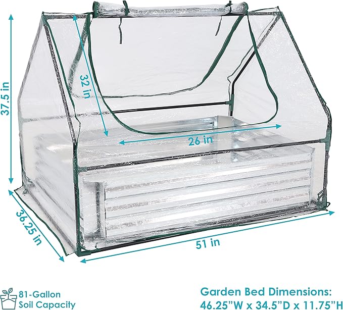 Sunnydaze Steel Raised Garden Bed with Mini Greenhouse - Outdoor Greenhouse Kit - 2 Zippered Doors - Clear - 4' x 3'