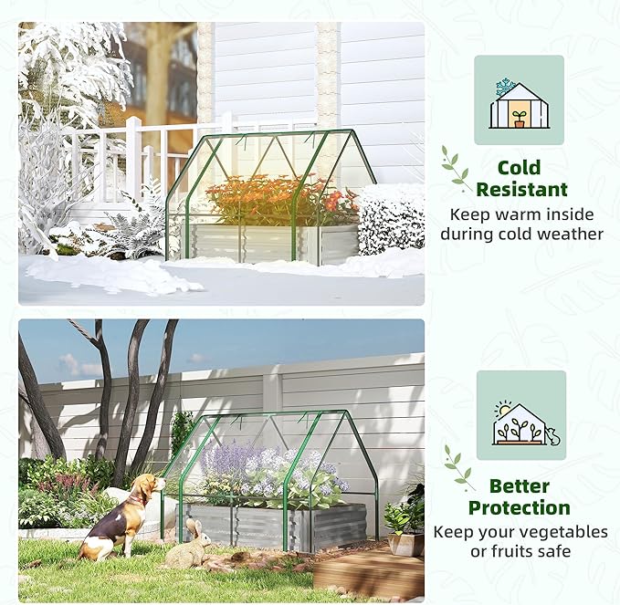 Outsunny 4 x 3 x 3ft Raised Garden Bed with Mini Greenhouse Galvanized Raised Garden Bed with Cover for Herbs and Vegetables Small Greenhouse for Patio Garden Balcony Clear and Gray