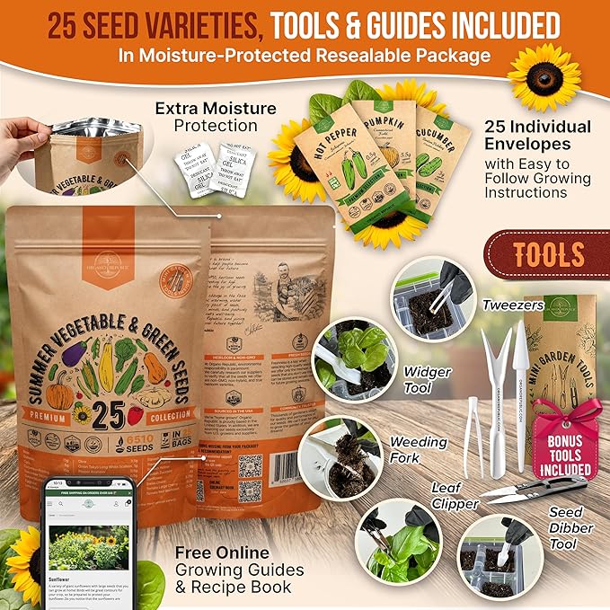 Organo Republic 25 Summer Vegetable Garden Seed Variety Pack - 6510+ Non-GMO Heirloom Veggie &amp Greens Seeds for Outdoors &amp Indoor Home Garden Including Collards Pepper Okra Onion Bean C