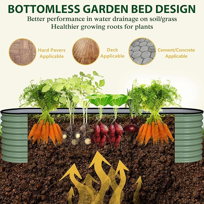 MUPATER 8x2x2ft Galvanized Raised Garden Bed 9-in-1 Modular Metal Planter Box with Aluminum Support Rods Oval Outdoor Planter for Vegetables Flowers Backyard Patio Olive Green