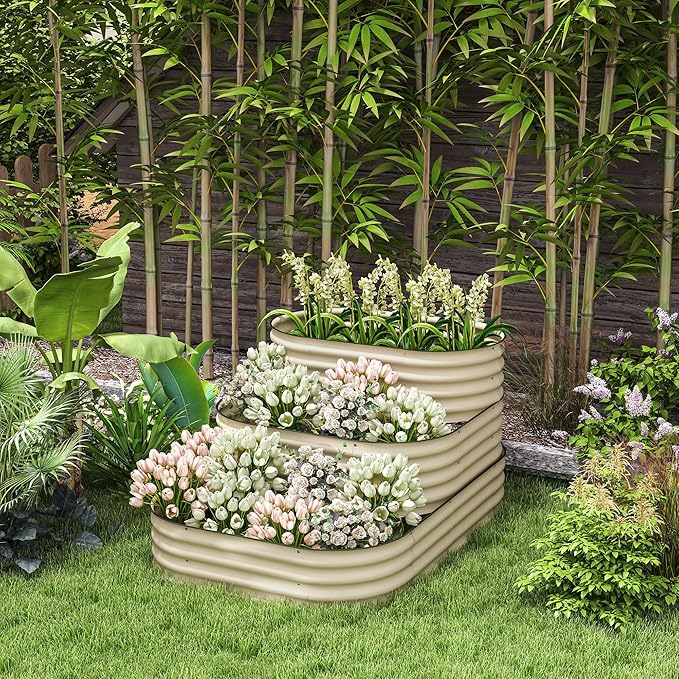 Outsunny 3-Tier Galvanized Steel Raised Garden Bed Kit 62.25 x 43 x 32.25 3 Combining Planter Boxes with Rubber Strip Edging Open Bottom for Backyard Garden Patio Cream White