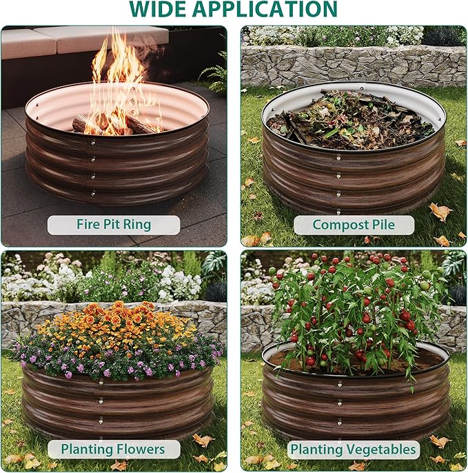 Round Raised Garden Bed 1PCS 2 x 1ft Galvanized Raised Boxes with Rust-Resistant Easy Assembly Safe Edge Metal Garden Bed Kit for Planting Vegetables Fruits Flowers Wood