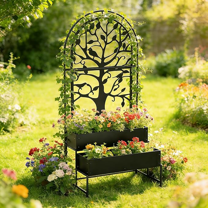 Arched Outdoor Planter Box with Trellis for Climbing Plants 2 Tiers Metal Privacy Planters for Patio Tall Raised Garden Bed with Legs for Vegetables Fruits Balcony 75.2 x 22 x 34.6 Inch Black