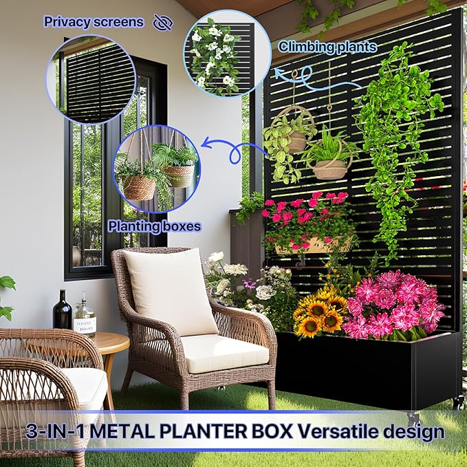 Metal Planter Box with Trellis72x47x16Galvanized Steel Outdoor Raised Garden Bed with Privacy Screenwith Drainage Holes &amp Lockable Casters for Climbing PlantsVegetablesand Vines(BYC)