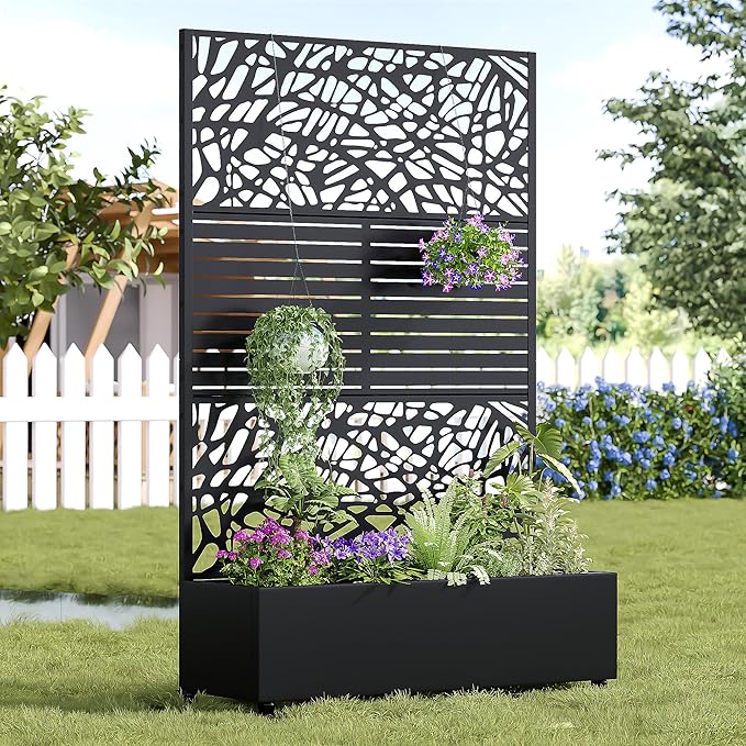 Casaphoria Metal Raised Garden Bed with Trellis and Wheels 72x47x16 Arched Planter Box for Climbing Plants Vegetables &amp Vines Features Drainage Holes and Privacy Screen (Black-Net&ampLouver