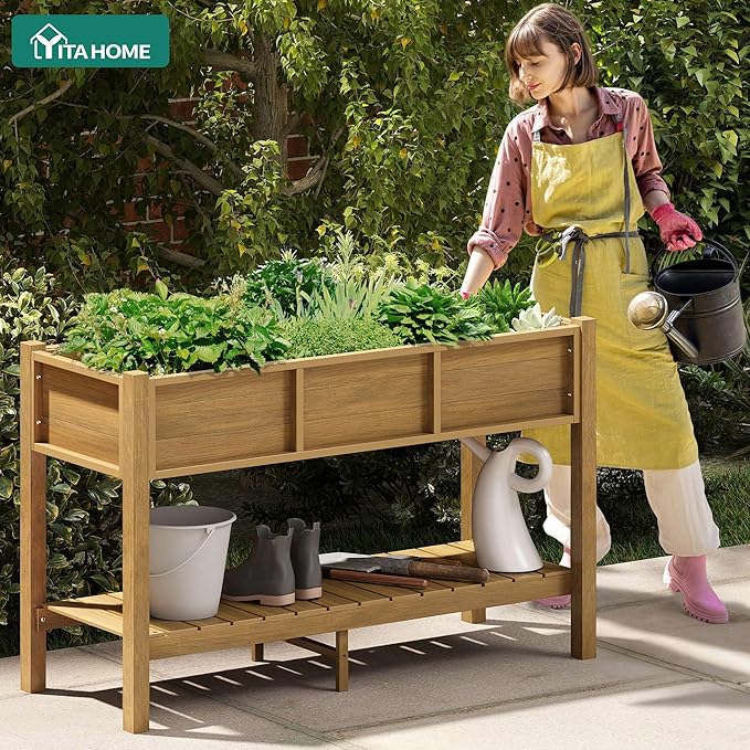 YITAHOME Raised Garden Bed Outdoor HDPE with Shelf 48x18x30in Poly-Wood Weather-Resistant Elevated Planter Box with Legs for Vegetable Flower Herb Garden Bed for Backyard Balcony Garden Brown