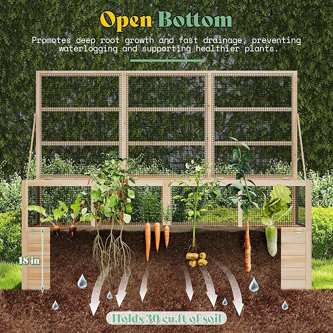 AMERLIFE Raised Garden Bed with Hinged Fencing and Trellis 18 Inch Deepened Wood Planter Box 2 PCS Flip-up Front Panel Easy Assembly Ideal for Seed Starting and Growing Vegetables &amp Fruits